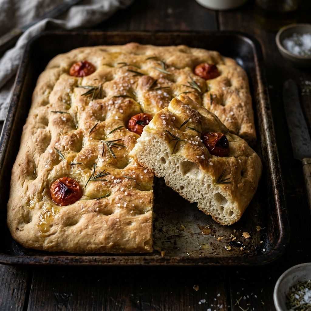 Focaccia con tomates, en su asadera