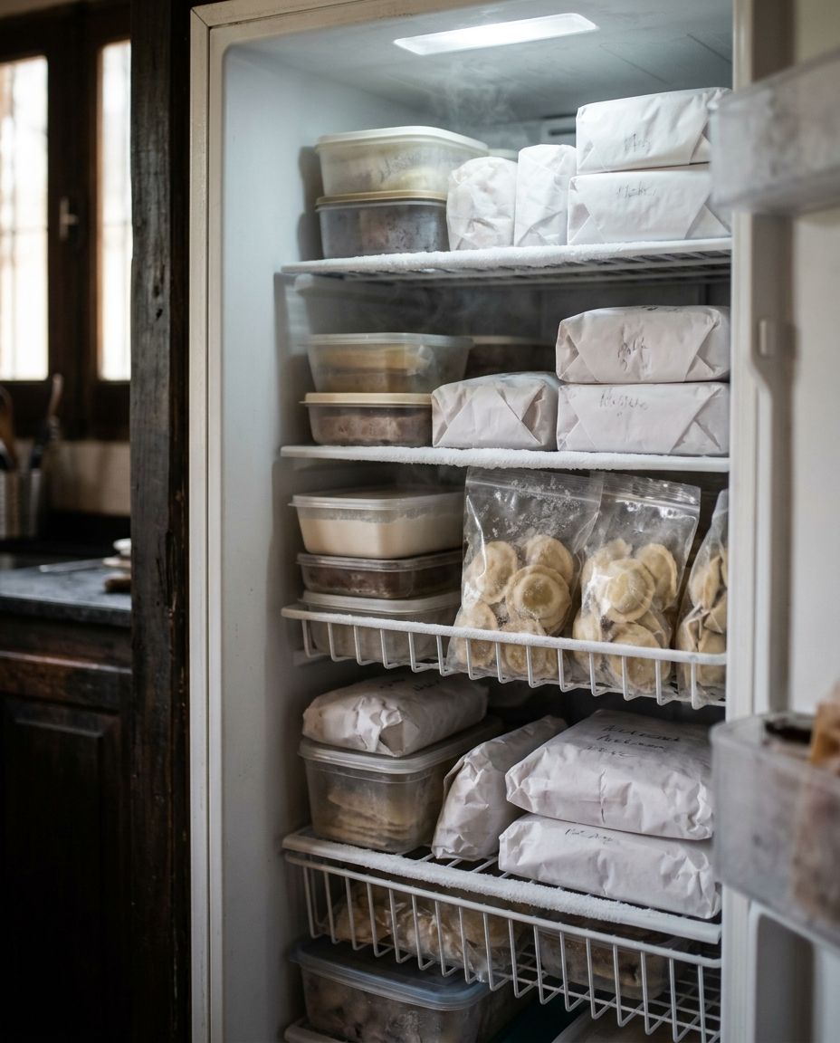 Freezer ordenado con paquetes listos para guardar