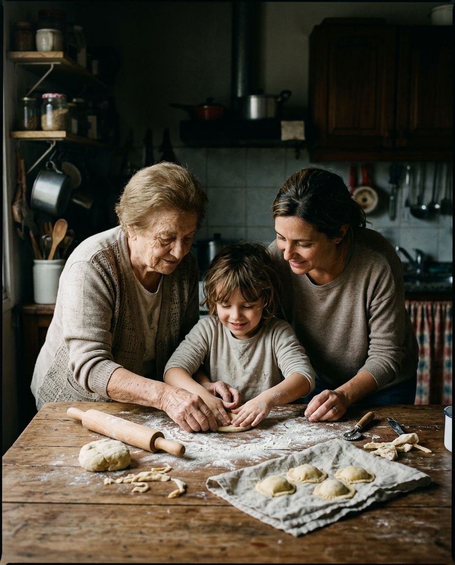Una abuela, su hija y su nieto amasando pastas en la mesa de la cocina