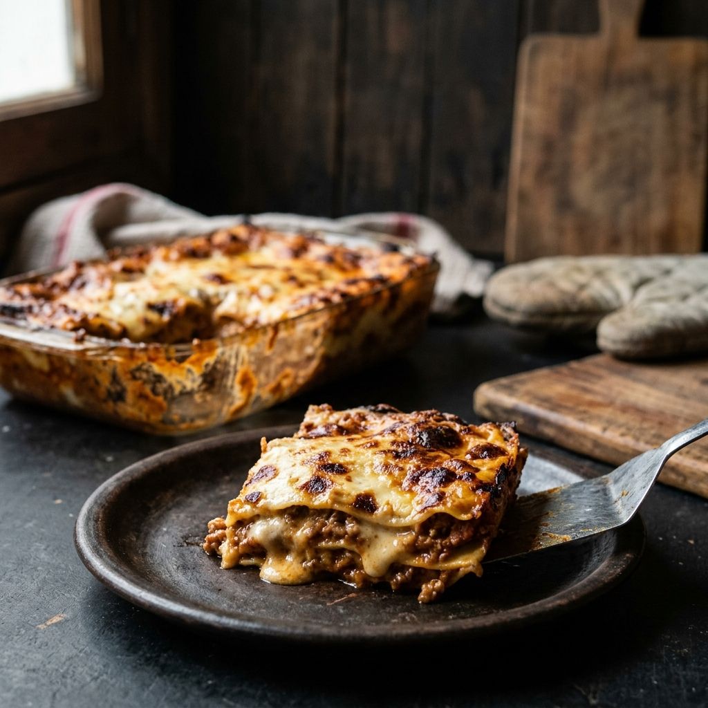 Lasagna gratinada con una porción servida en un plato